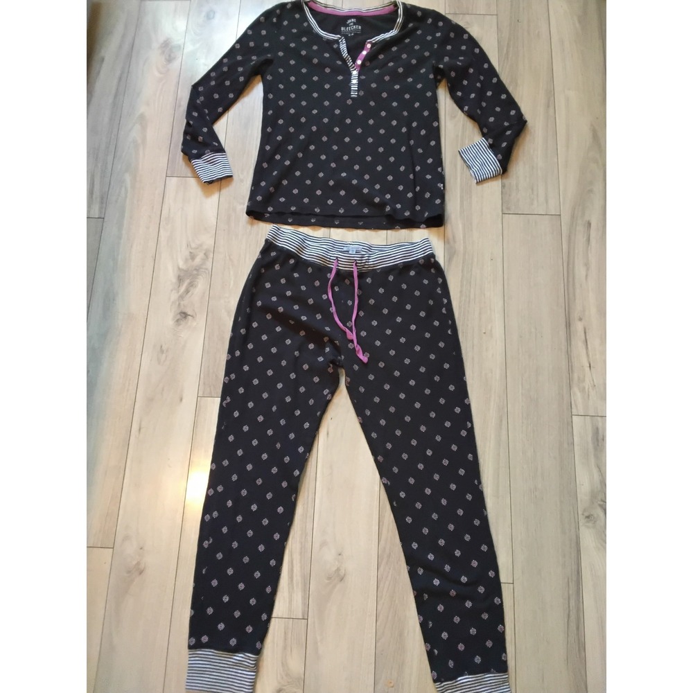 Jane and Bleecker Womens Pajama Set Black Floral Waffle Knit Henley Joggers -M